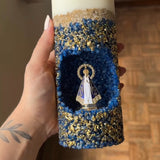Vela Artesanal Nossa Senhora Aparecida - Cristais Azul e Ouro Premium