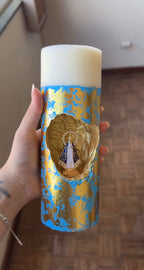 Vela Artesanal Nossa Senhora Aparecida - Arte Azul Celeste e Ouro